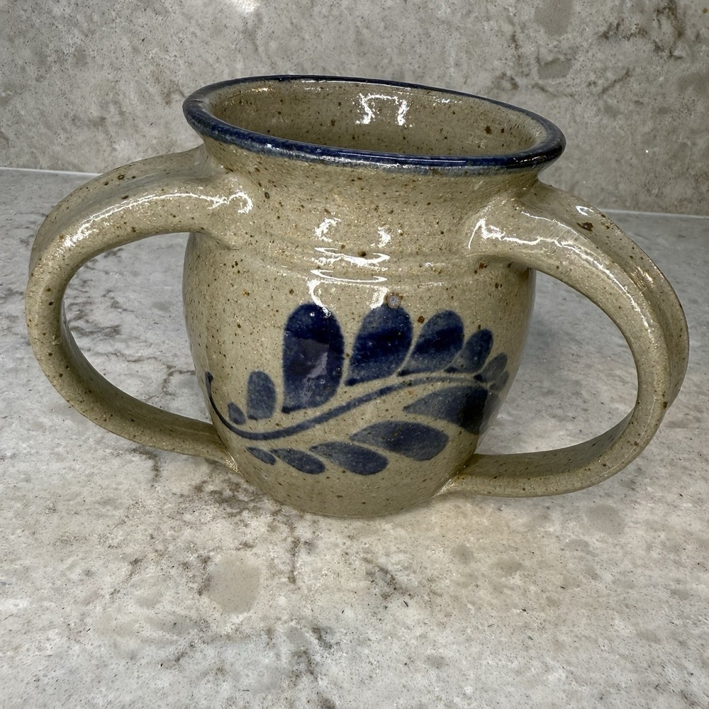 Three handle‎ Signed 1987 Studio Art Pottery Salt Glazed Cobalt Leaf Feather